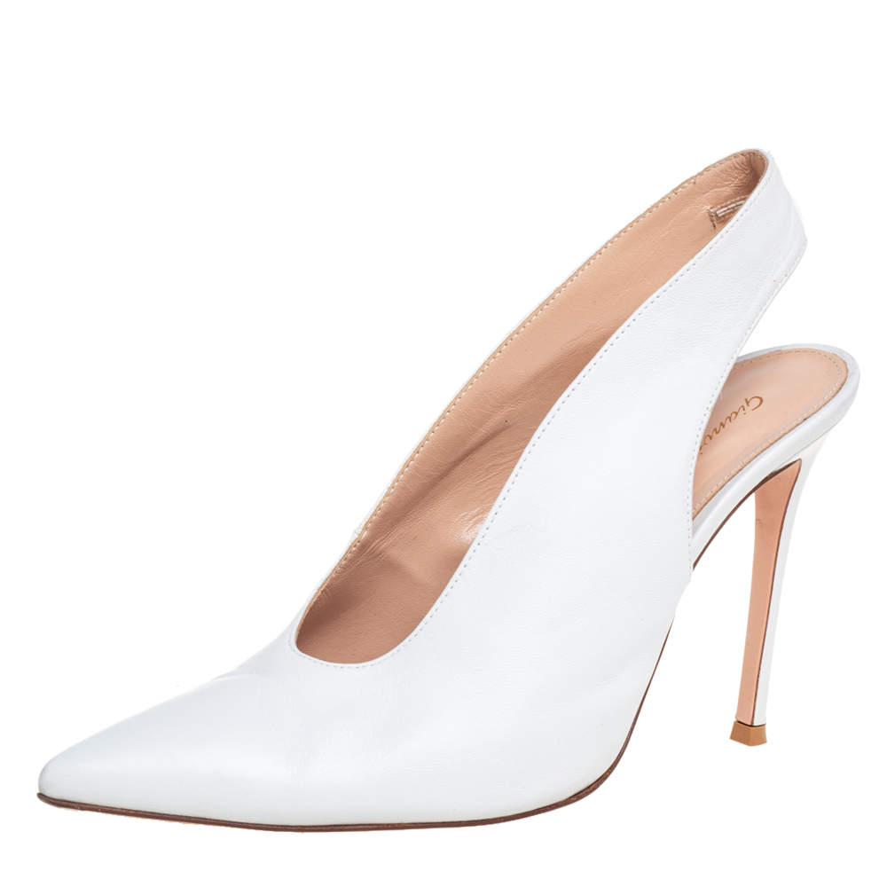 Pre Owned Gianvito Rossi White Leather Pointed Toe Slingback Sandals Size 39.5