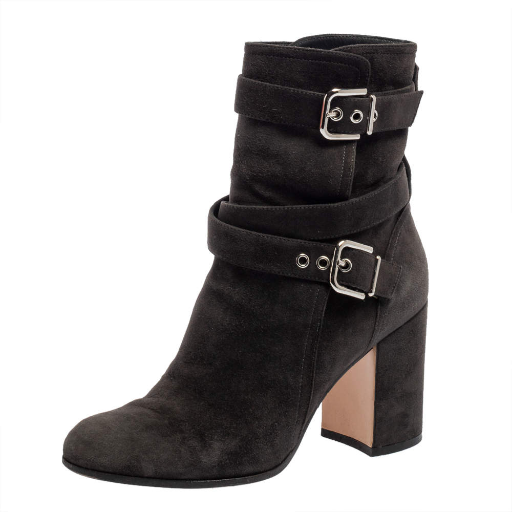 Pre Owned Gianvito Rossi Dark Grey Suede Buckle Detail Ankle Boots Szie 36.5
