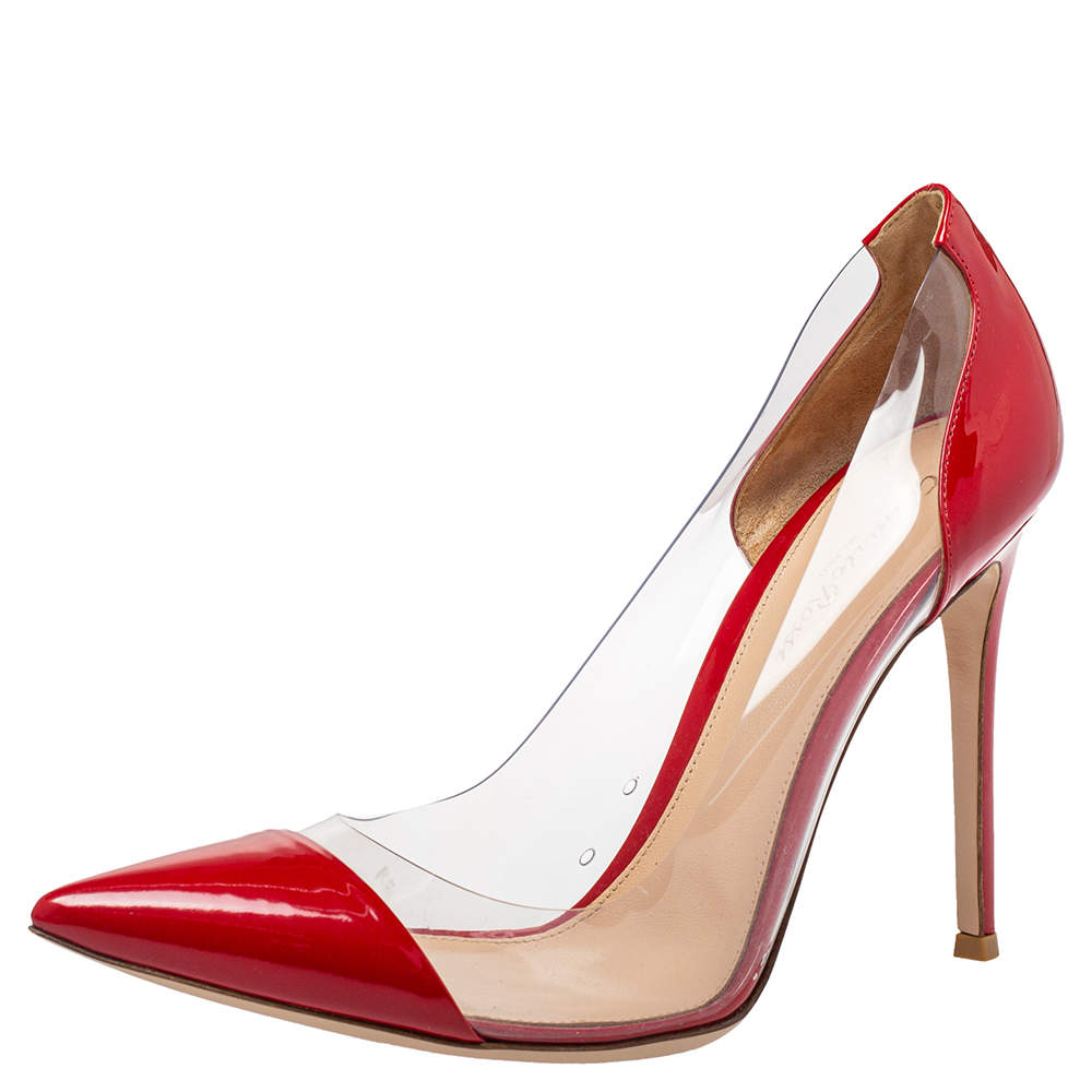 Gianvito Rossi Red Patent Leather And PVC Plexi Pointed Toe Pumps Size 40