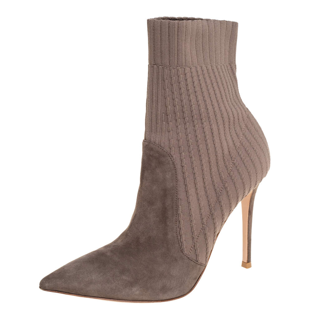 Gianvito Rossi Grey Knit Fabric And Suede Katie Ankle Boots Size 39