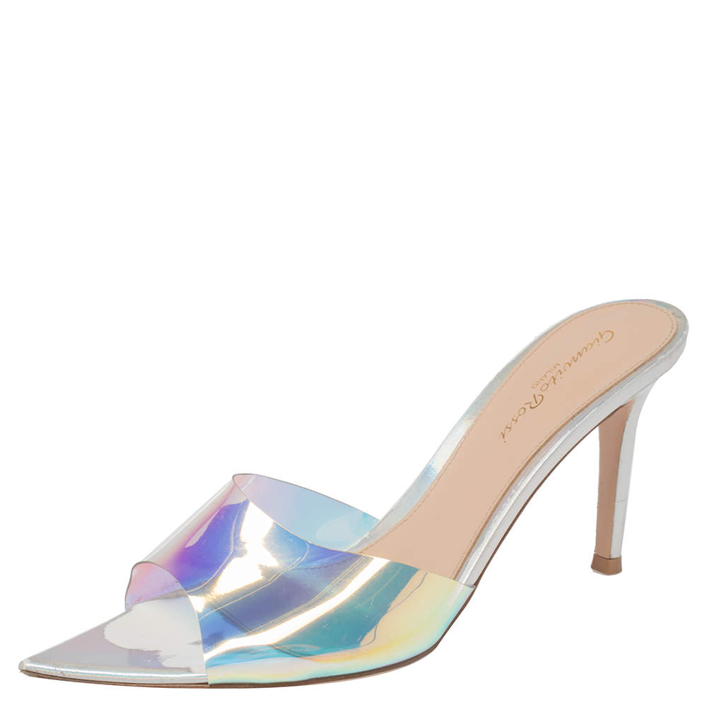 Pre Owned Gianvito Rossi Iridescent PVC And Foil Leather Elle Slide Sandals Size 37.5