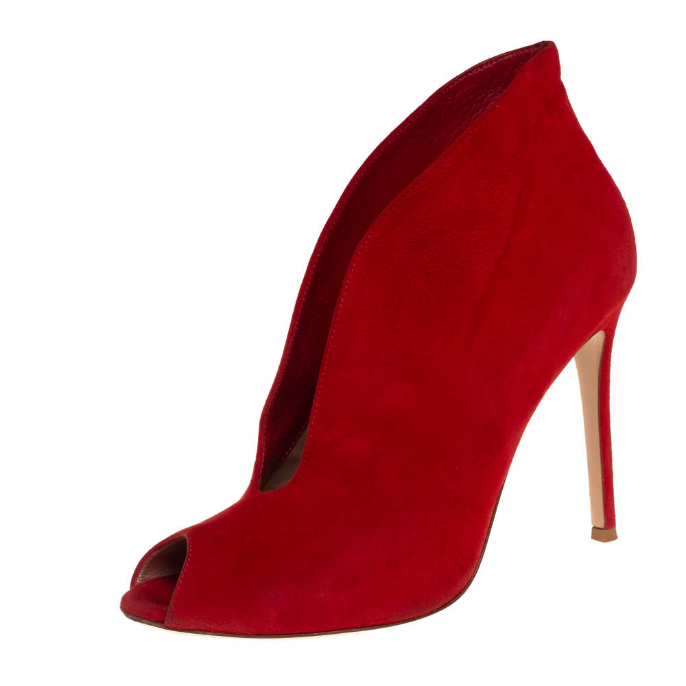 Pre Owned Gianvito Rossi Red Suede Vamp Peep Toe Booties Size 38