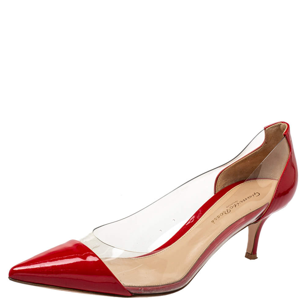 Pre Owned Gianvito Rossi Red Patent Leather And PVC Plexi Pointed Toe Pumps Size 39