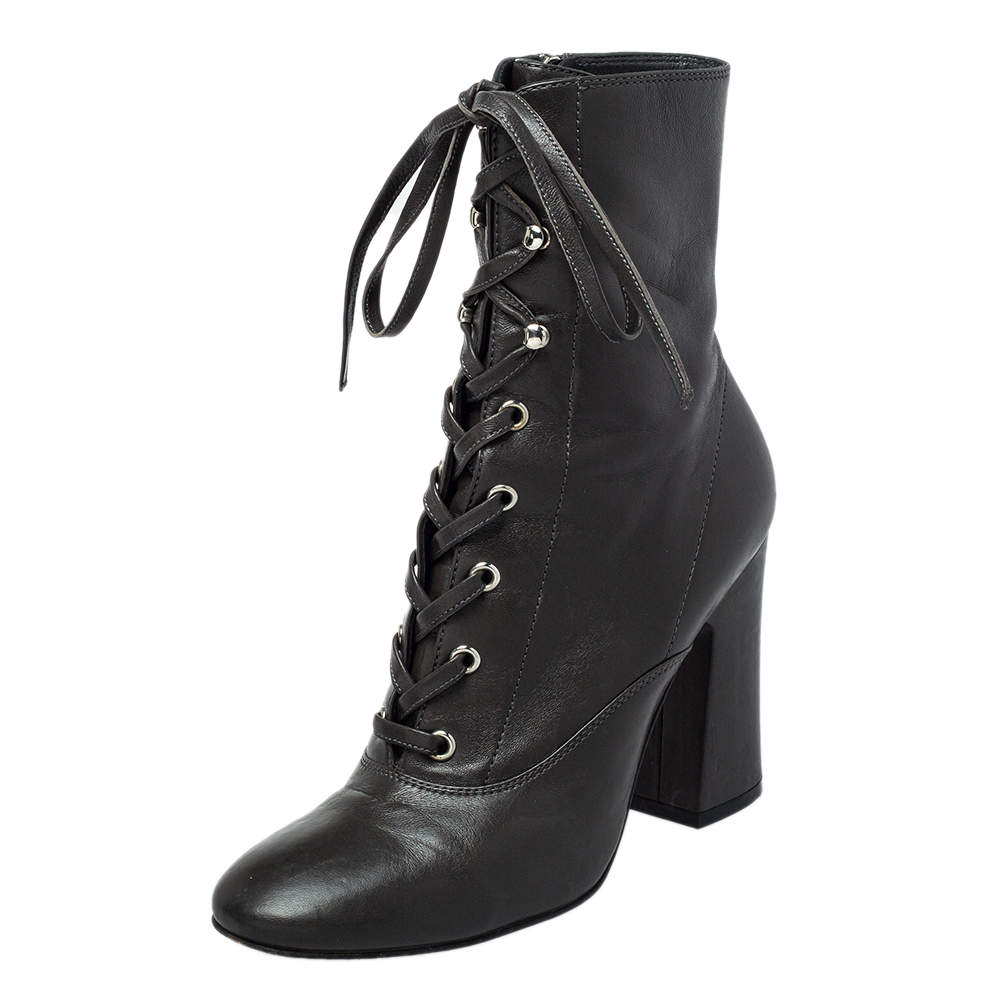 Pre Owned Gianvito Rossi Grey Leather Block Heel Ankle Boots Size 37.5