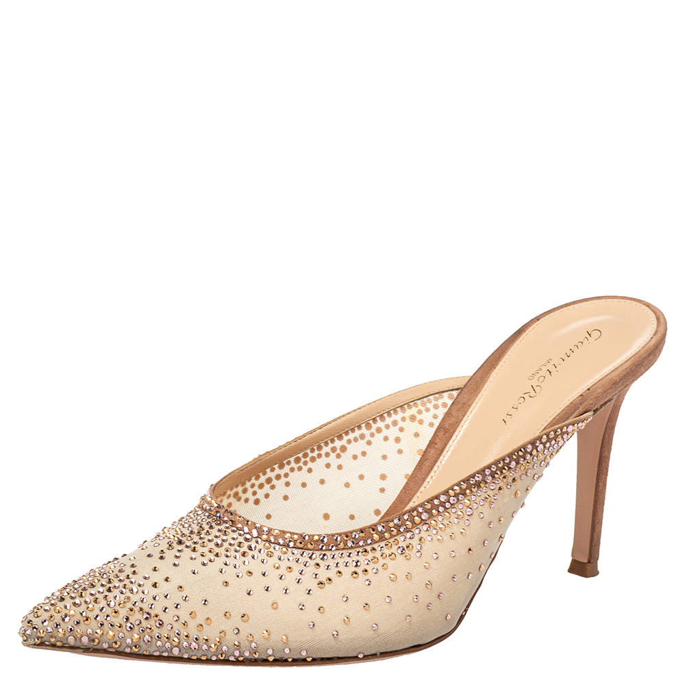 Pre Owned Gianvito Rossi Beige Crystal Embellished Mesh Pointed Toe Mules Size 39