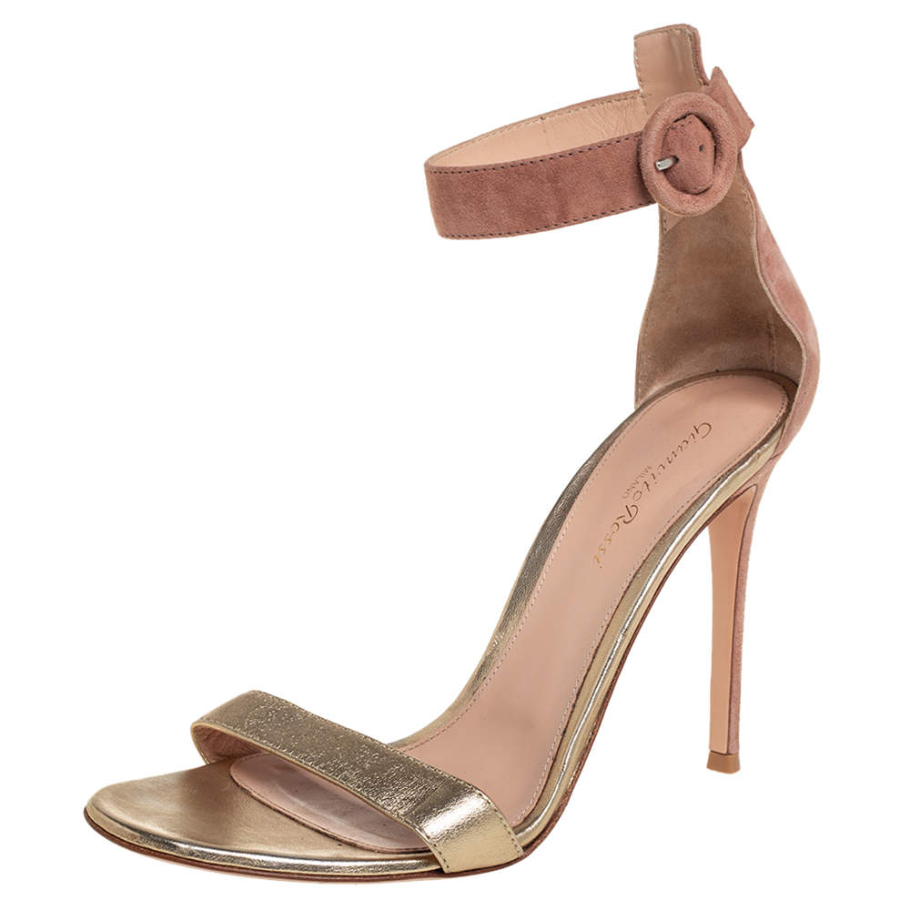 Pre Owned Gianvito Rossi Gold/Beige Leather and Suede Portofino Sandals Size 40