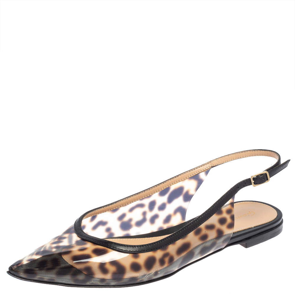 Pre Owned Gianvito Rossi Leopard Print PVC and Leather Trim Slingback Point Toe Flats Size 37