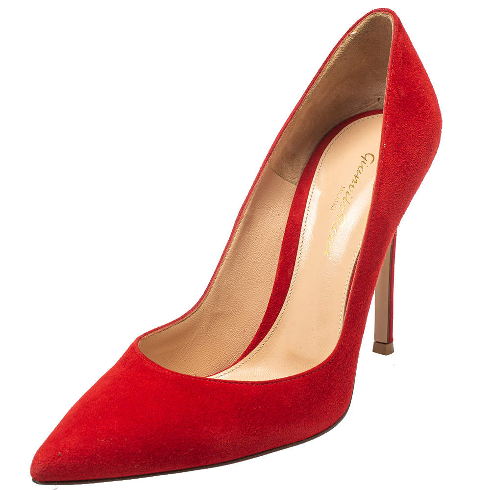 Pre Owned Gianvito Rossi Red Suede Pointed Toe Pumps Size 39