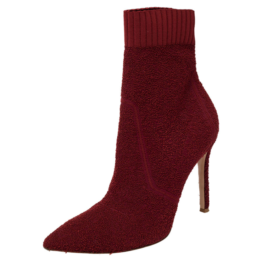 Pre Owned Gianvito Rossi Red Knit Fabric Sock Ankle Boots Size 40