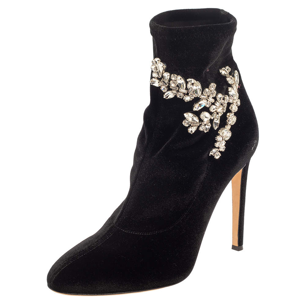 مملوكة مسبقًا Giuseppe Zanotti Black Velvet Crystal Embellished Ankle Boots Size 41