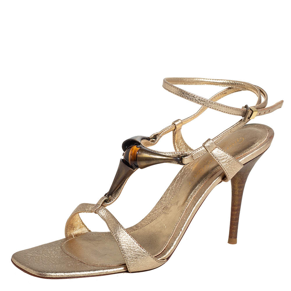 Pre Owned Gianvito Rossi Gold Leather Embellished Ankle Strap Sandals Size 37