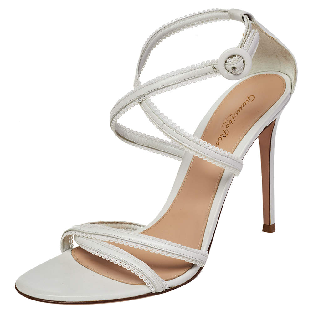 Pre Owned Gianvito Rossi White Leather Scalloped Bra Strap Ankle Strap Sandals Size 41