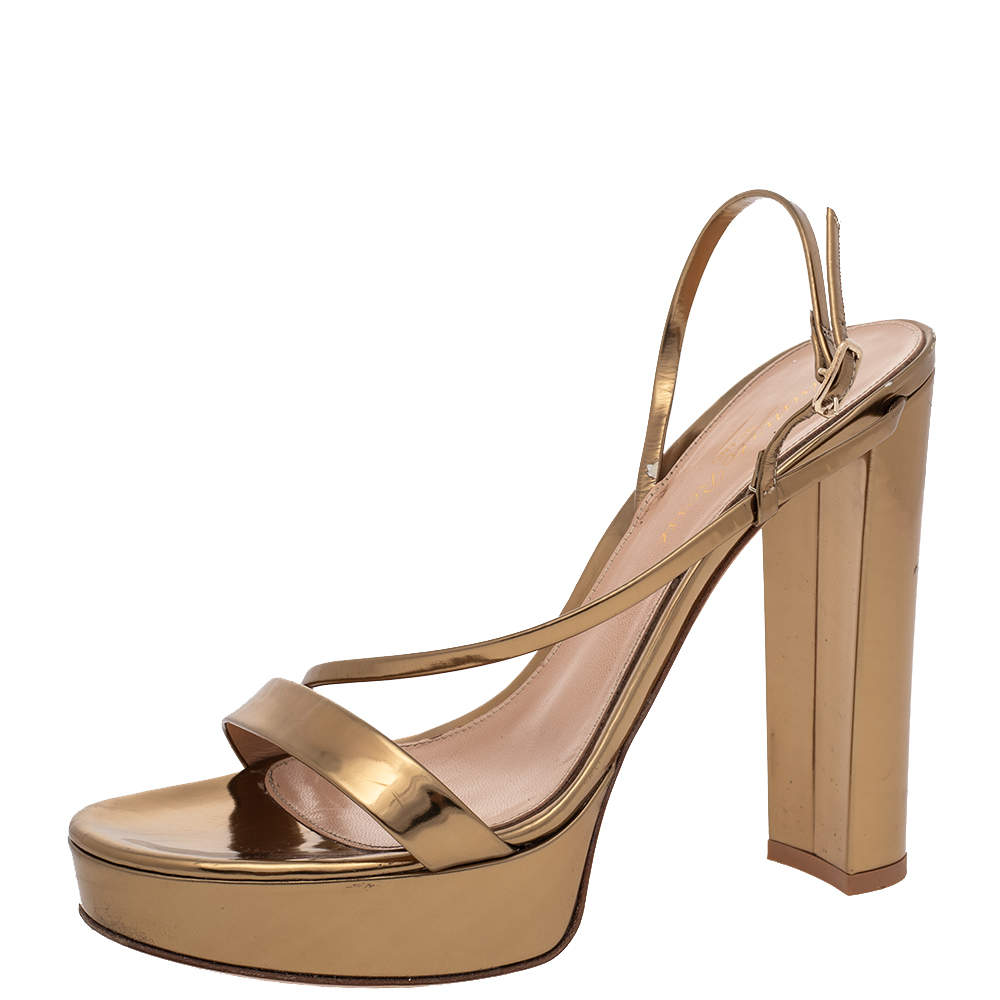 Pre Owned Gianvito Rossi Metallic Gold Leather Platform Ankle Strap Sandals Size 37