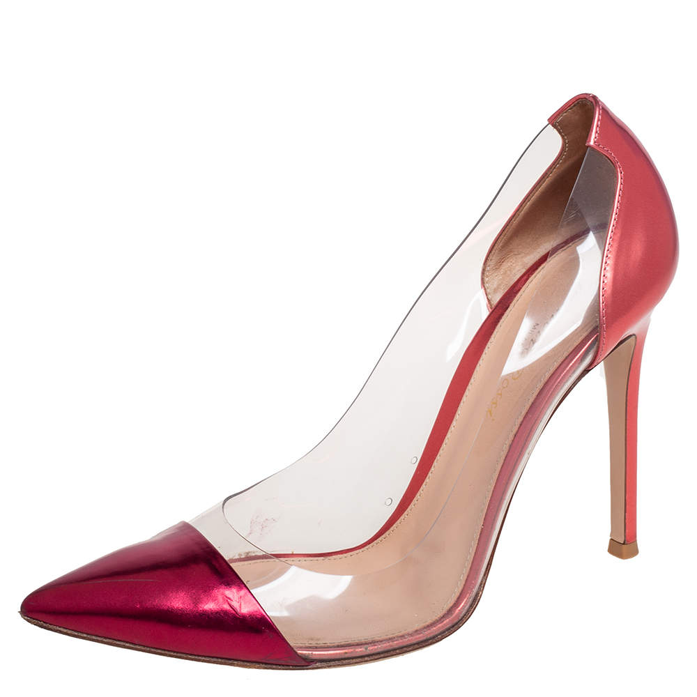 Pre Owned Gianvito Rossi Metallic Burgundy Leather and PVC Plexi Pointed Toe Pumps Size 38