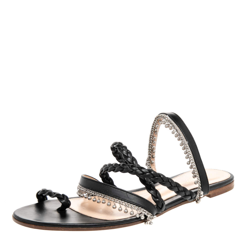Pre Owned Gianvito Rossi Black Leather Embellished Strappy Flat Slide Sandals Size 39