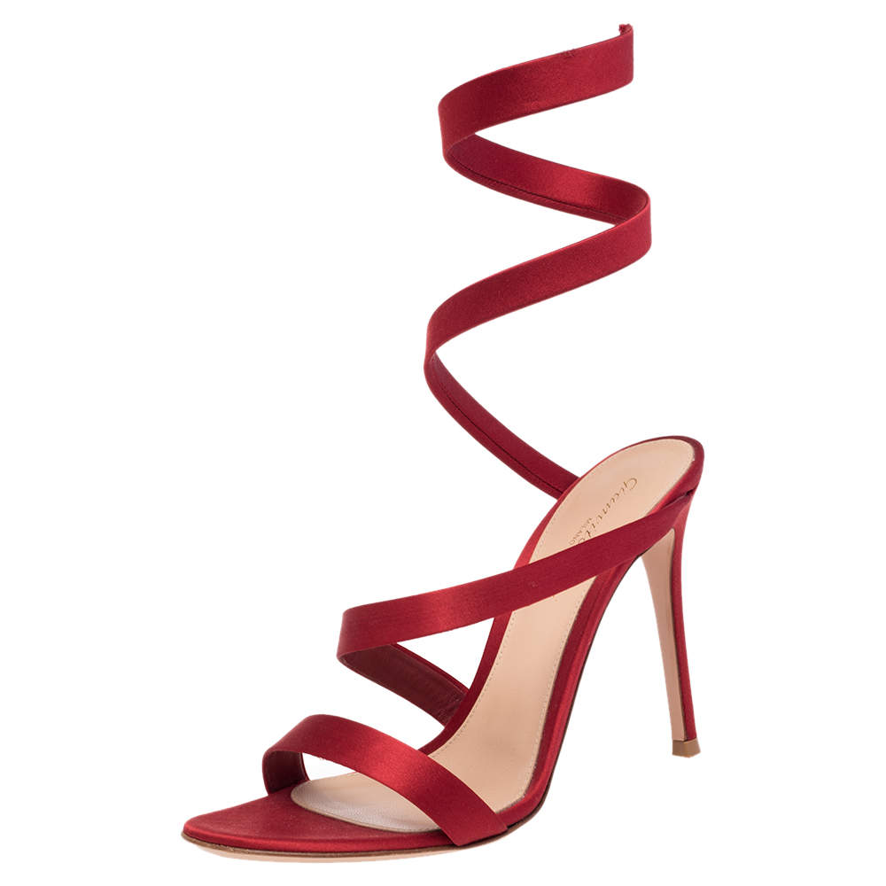 Pre Owned Gianvito Rossi Red Satin Opera Twirl Ankle Wrap Sandals Size 38.5
