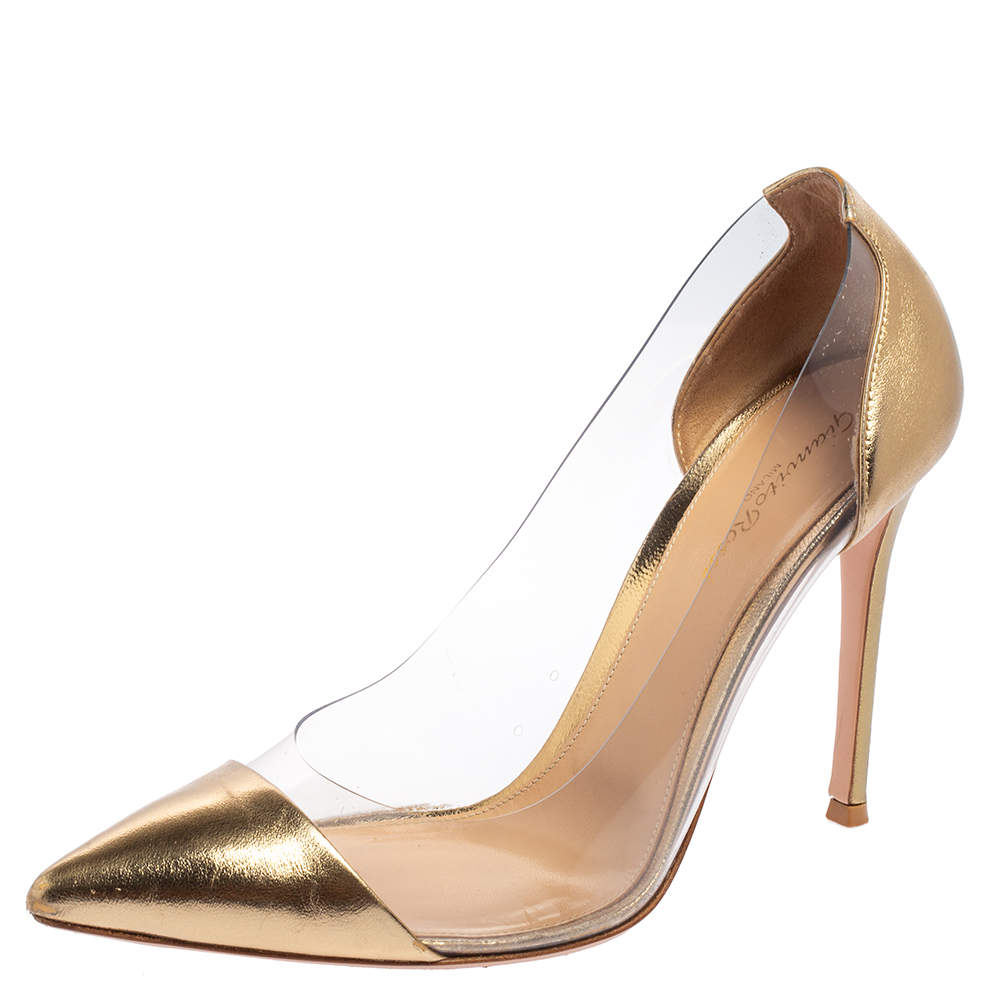 Pre Owned Gianvito Rossi Metallic Gold Leather And PVC Plexi Pointed Toe Pumps Size 40