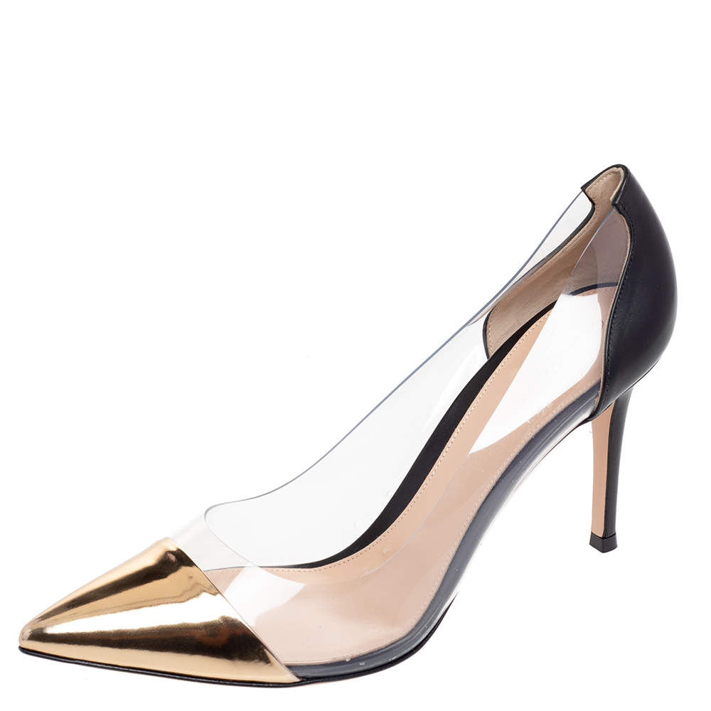 Pre Owned Gianvito Rossi Gold/Black Patent Leather And PVC Plexi Pointed Toe Pumps Size 40