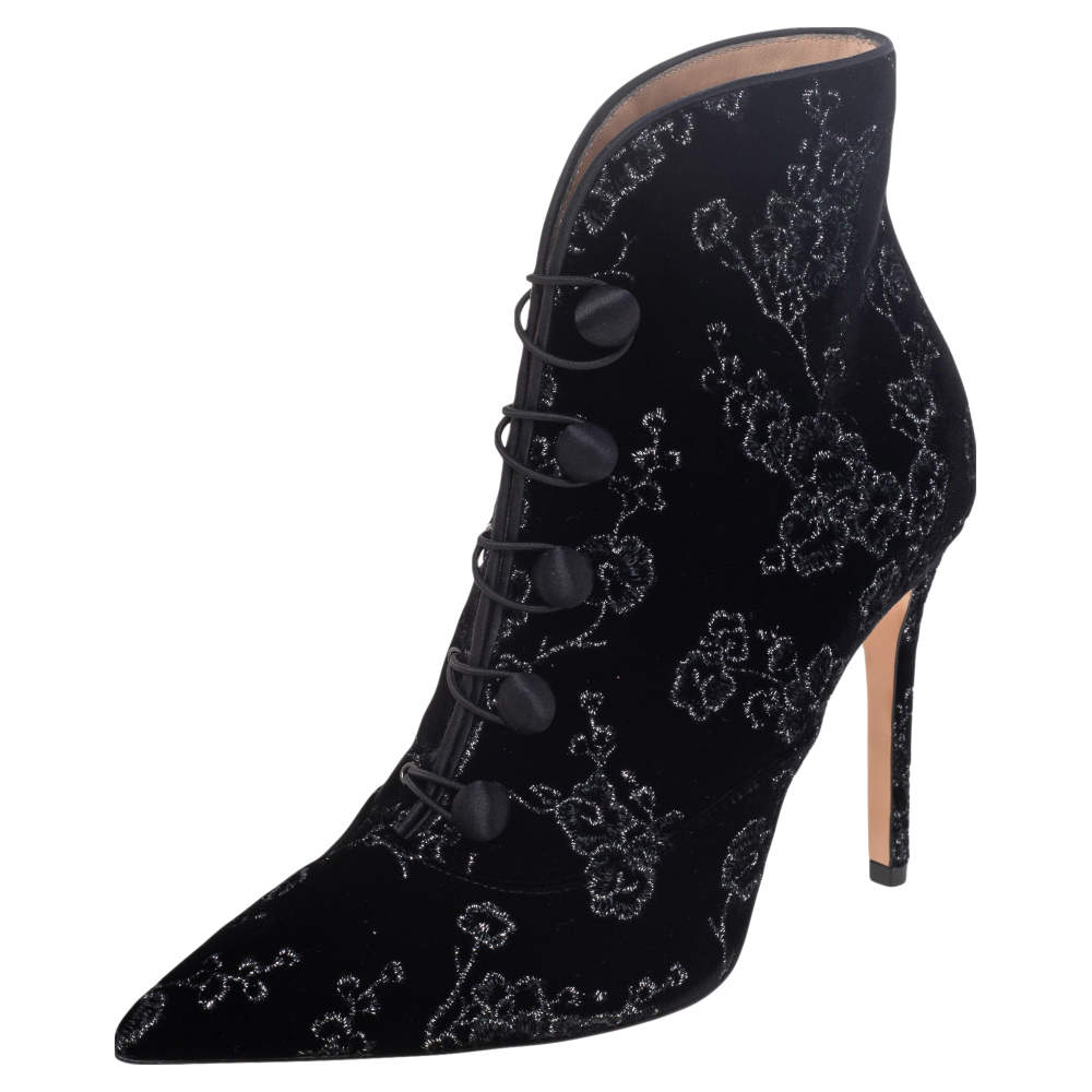 Pre Owned Gianvito Rossi Black Floral Embroidered Velvet Empress Ankle Booties Size 38