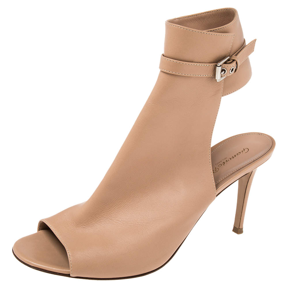 Gianvito Rossi Beige Leather Open Toe Cut Out Ankle Booties Size 40.5
