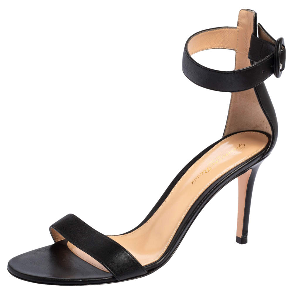 Pre Owned Gianvito Rossi Black Leather Portofino Ankle Strap Sandals Size 38