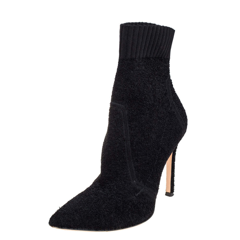Pre Owned Gianvito Rossi Black Stretch  Fabric Bouclé Katie Ankle Boots Size 37.5
