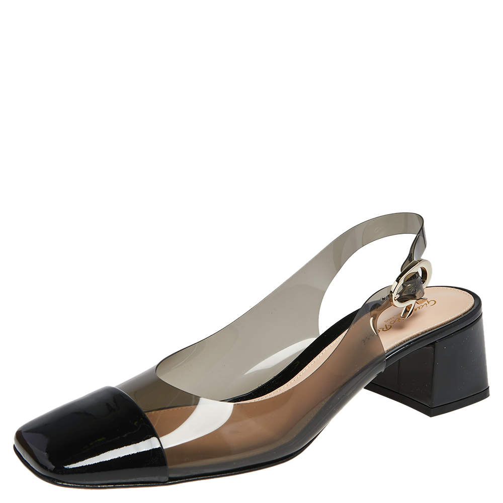 Pre Owned Gianvito Rossi Black PVC and Patent Leather Square Toe Slingback Sandals Size 41