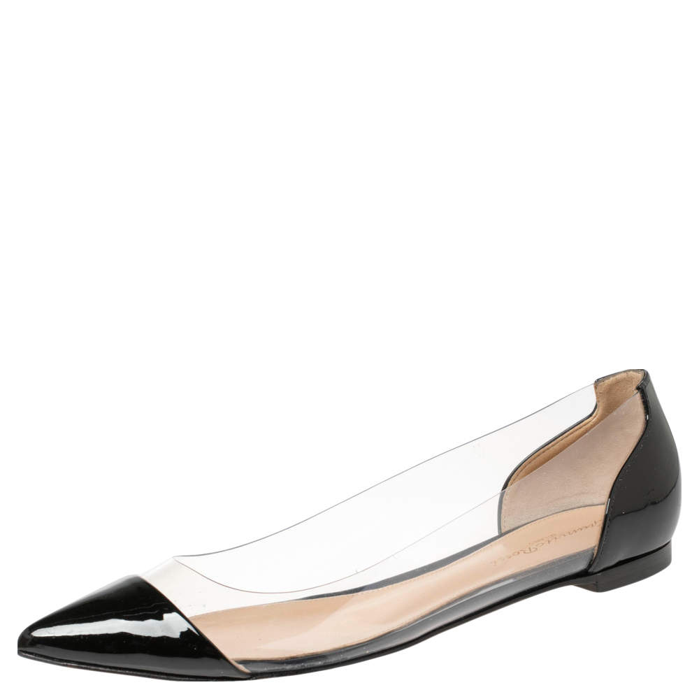 Pre Owned Gianvito Rossi Black Patent Leather And PVC Plexi Flats Size 37.5