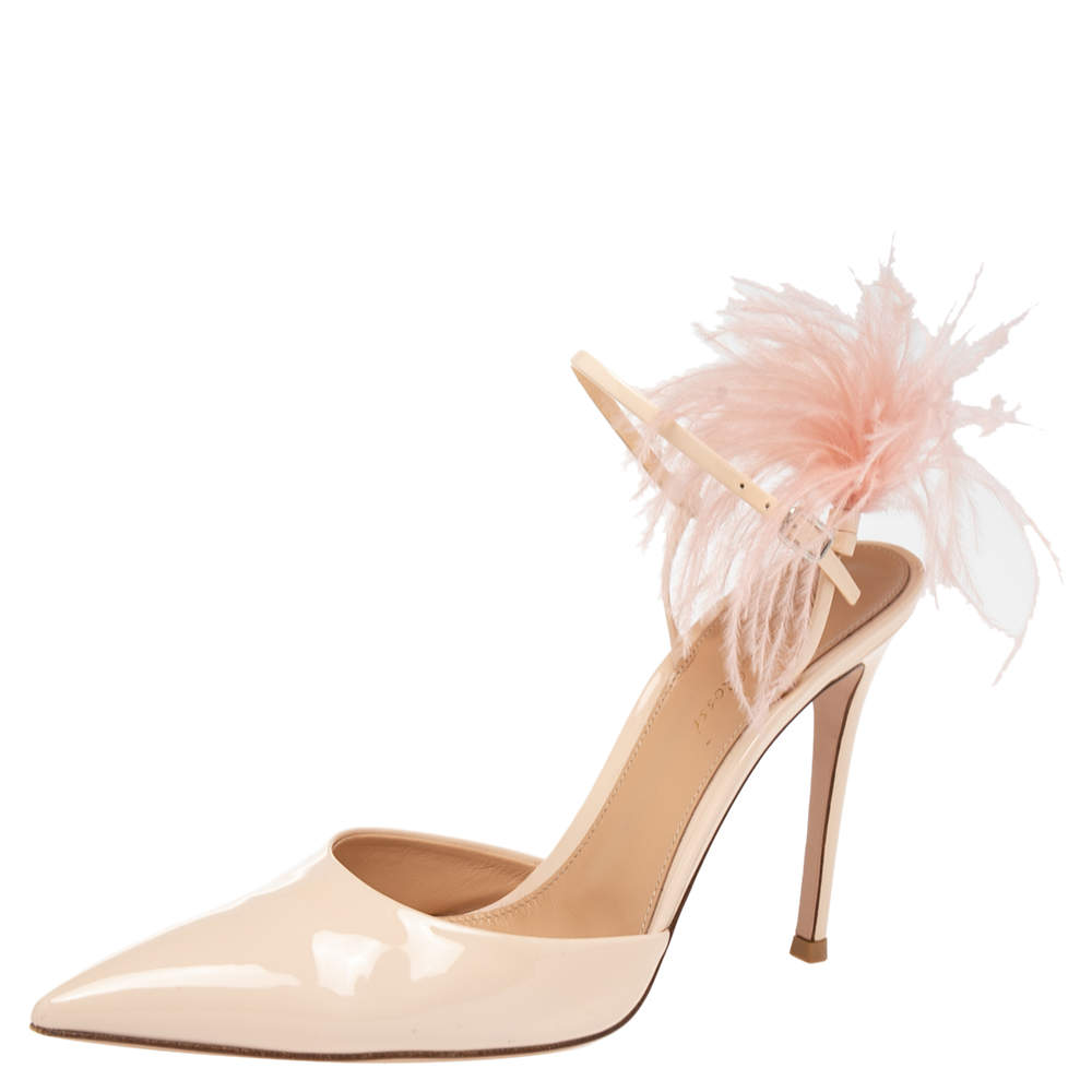 Pre Owned Gianvito Rossi Beige Patent Leather Simmone Feather Ankle Strap Sandals Size 39.5