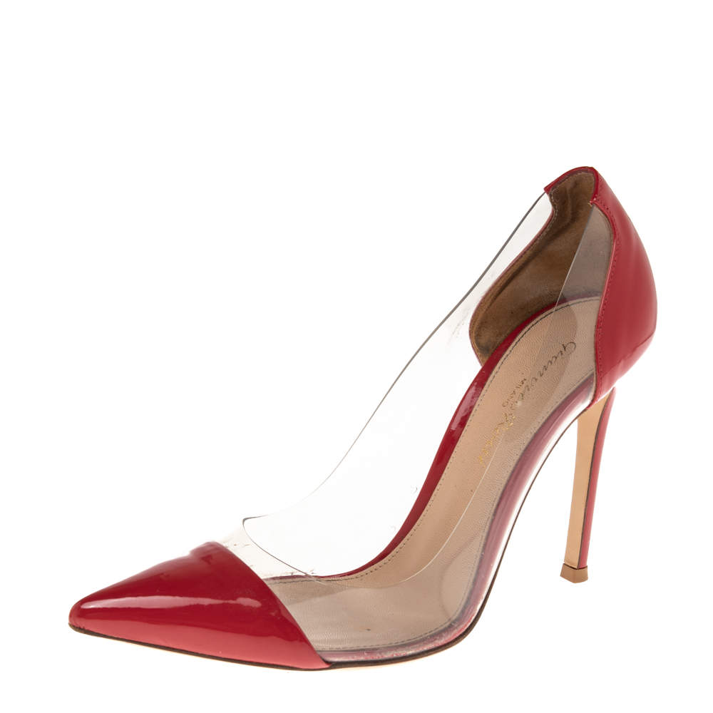 Pre Owned Gianvito Rossi Red Patent Leather And PVC Plexi Pointed Toe Pumps Size 36.5