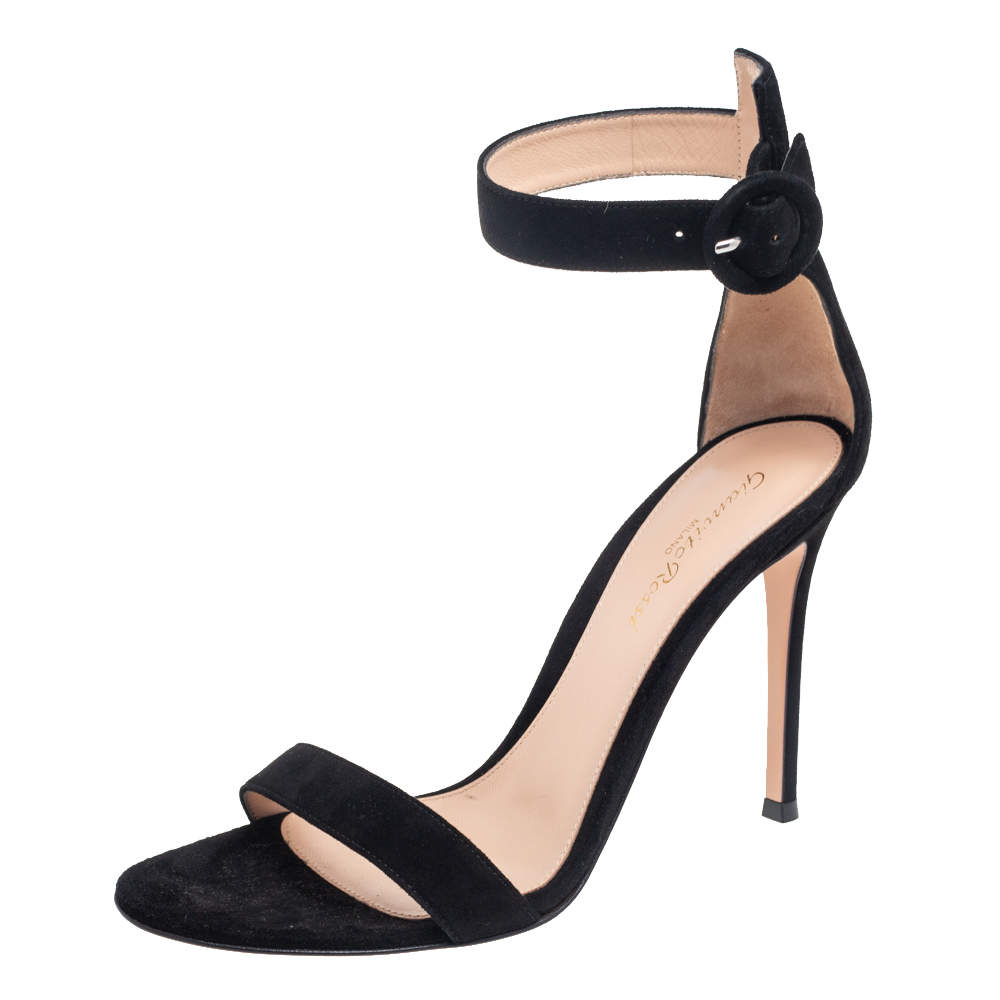 Pre Owned Gianvito Rossi Black Suede Portofino Ankle Strap Sandals Size 38.5