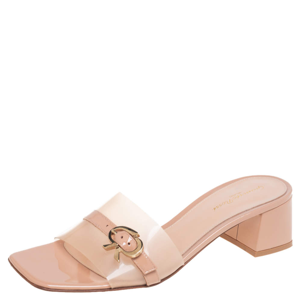 Pre Owned Gianvito Rossi Beige Patent Leather and PVC Gemini Slide Block Heel Sandals Size 41
