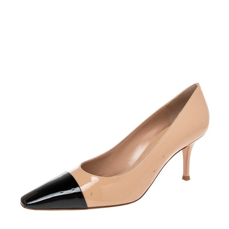 Pre Owned Gianvito Rossi Beige/Black Patent Leather Lucy Pointed Toe Pumps Size 38