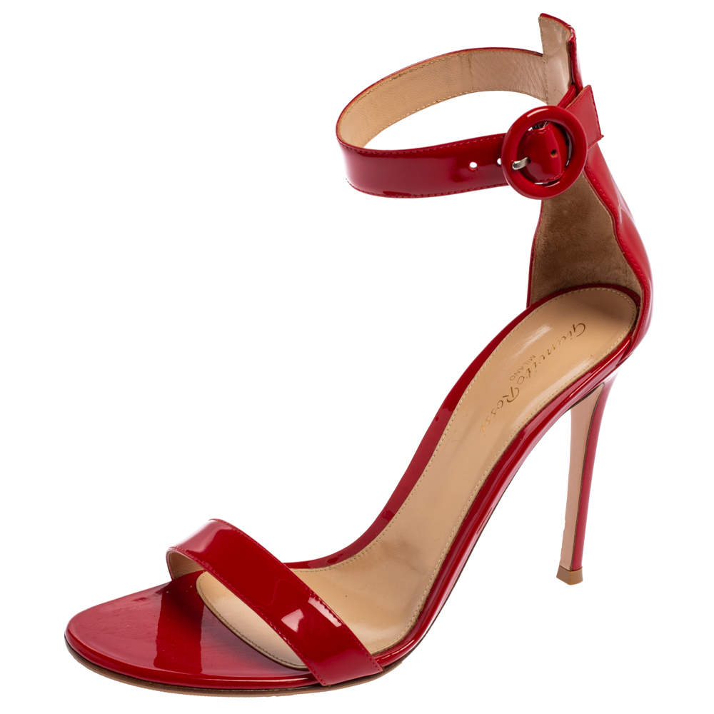 Pre Owned Gianvito Rossi Red Patent Leather Natalie Ankle Strap Sandals Size 40.5