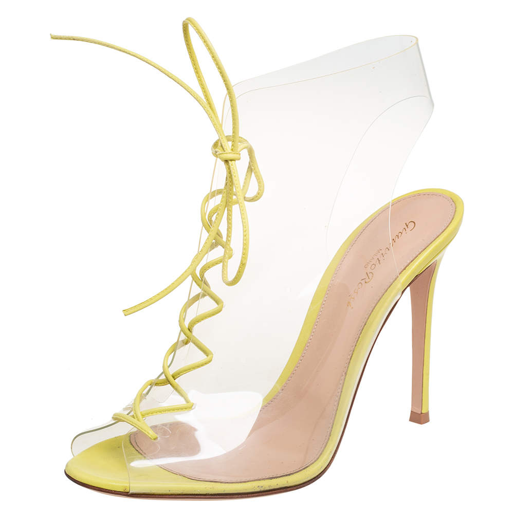 Pre Owned Gianvito Rossi Yellow Leather And PVC Lace Up Open Toe Sandals Size 40