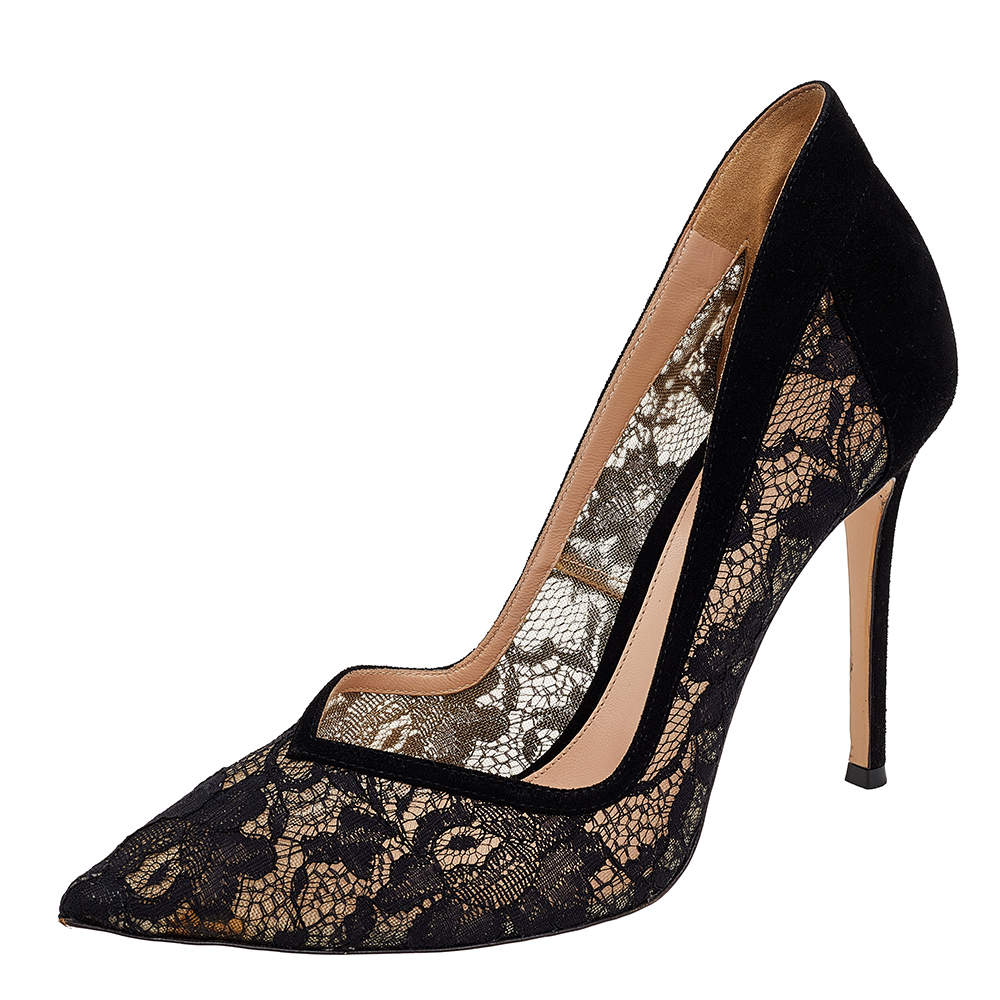 Pre Owned Gianvito Rossi Black Suede And Lace Pointed Toe Pumps Size 39.5