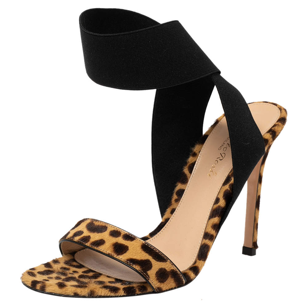 Pre Owned Gianvito Rossi Beige/Brown Leopard Print Calf Hair And Elastic Fabric Ankle Wrap Sandals Size 36