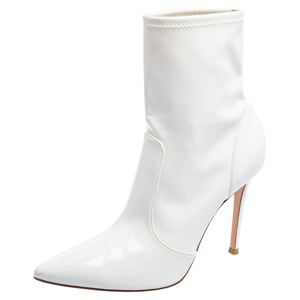 Pre Owned Gianvito Rossi White Patent Leather Imogen Pointed Toe Ankle Booties Size 38.5