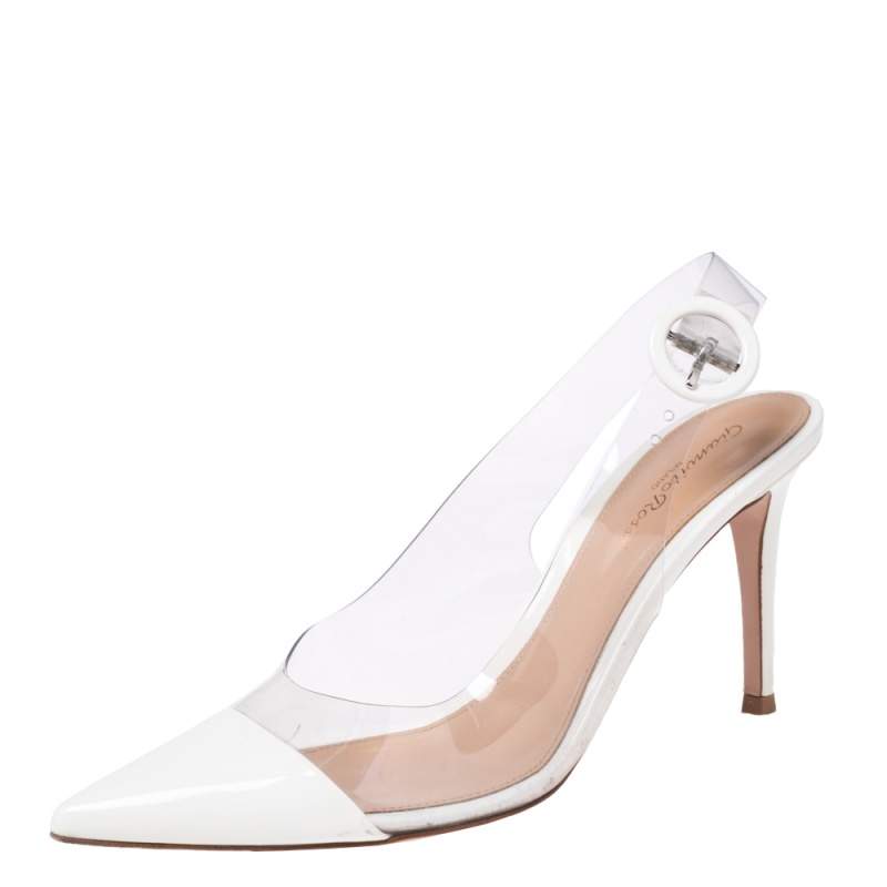 Pre Owned Gianvito Rossi White Patent Leather And PVC Slingback Sandals Size 38