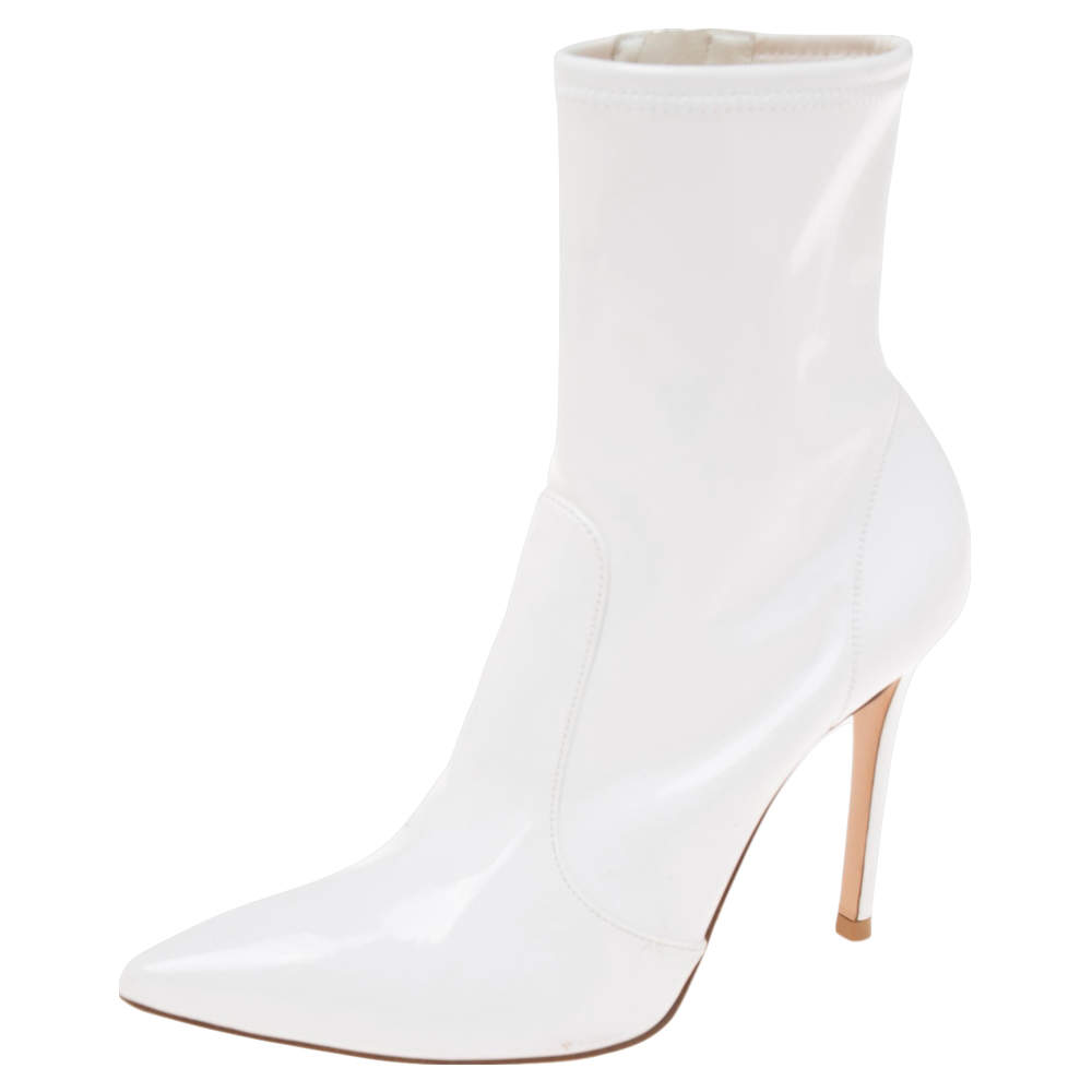 Pre Owned Gianvito Rossi White Patent Leather Zipper Ankle Boots Size 37