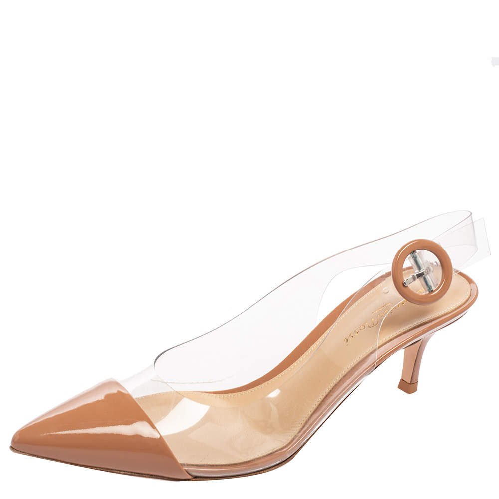 Pre Owned Gianvito Rossi Beige Leather, PVC Plexi Slingback Pumps Size 36.5