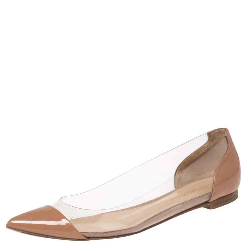 Pre Owned Gianvito Rossi Beige Patent Leather and PVC Plexi Ballet Flats Size 35.5