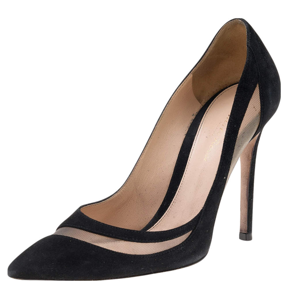Pre Owned Gianvito Rossi Black Suede And Mesh Pointed Toe Pumps Size 38