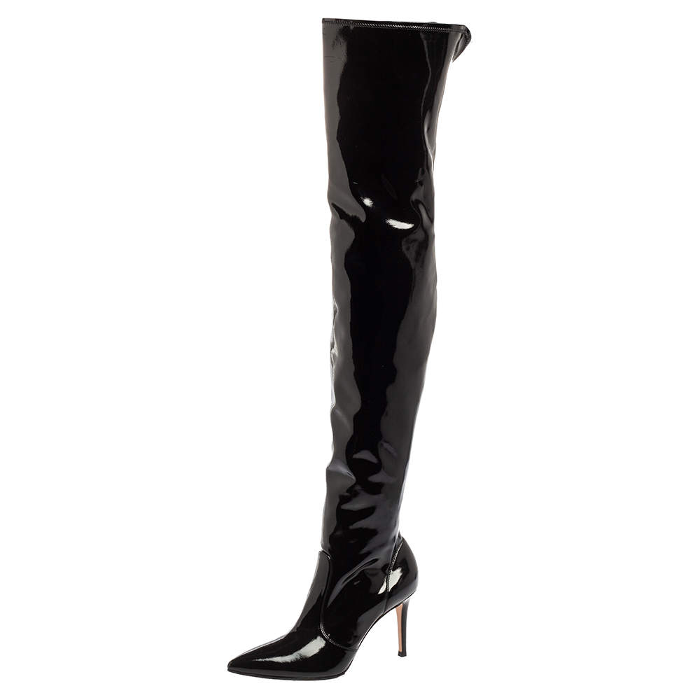 Pre Owned Gianvito Rossi Black Patent Leather Pointed-Toe Over The Knee Boots Size 37
