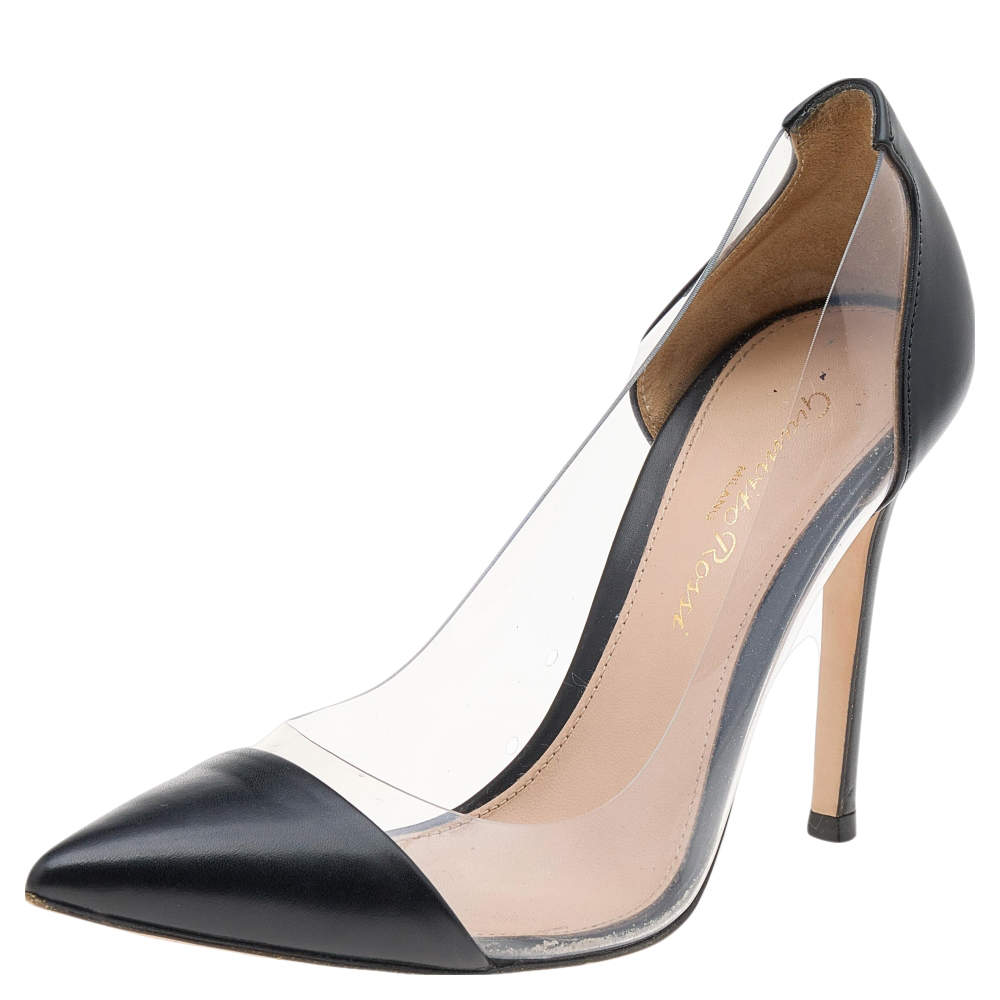 Pre Owned Gianvito Rossi Black Leather And PVC Plexi Pointed Toe Pumps Size 34