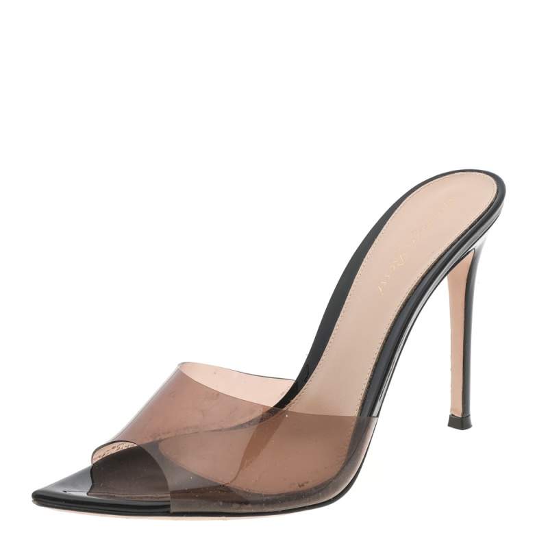 Pre Owned Gianvito Rossi Beige/Black PVC Elle 105 Mules Sandals Size 38.5