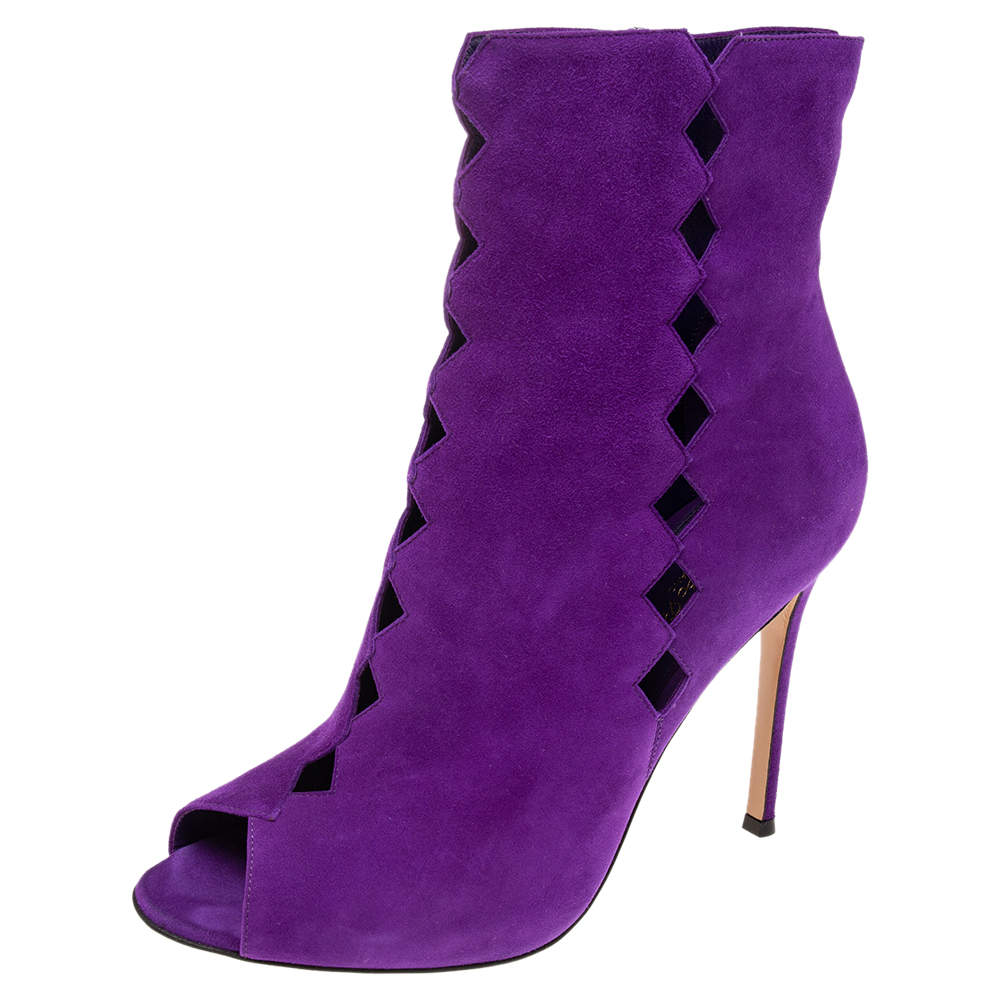 Pre Owned Gianvito Rossi Purple Suede Diamond Cut-Out Peep-Toe Ankle Booties Size 39