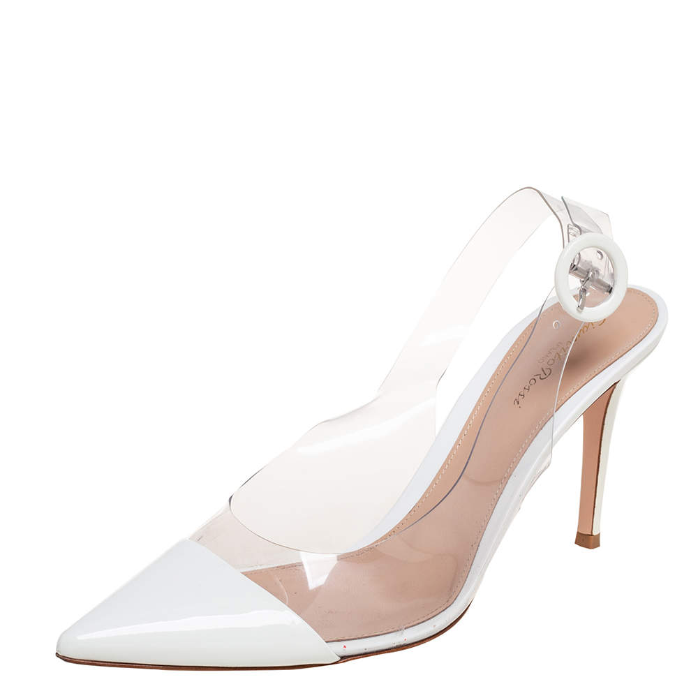 Pre Owned Gianvito Rossi White Patent Leather and PVC Slingback Pumps Size 41
