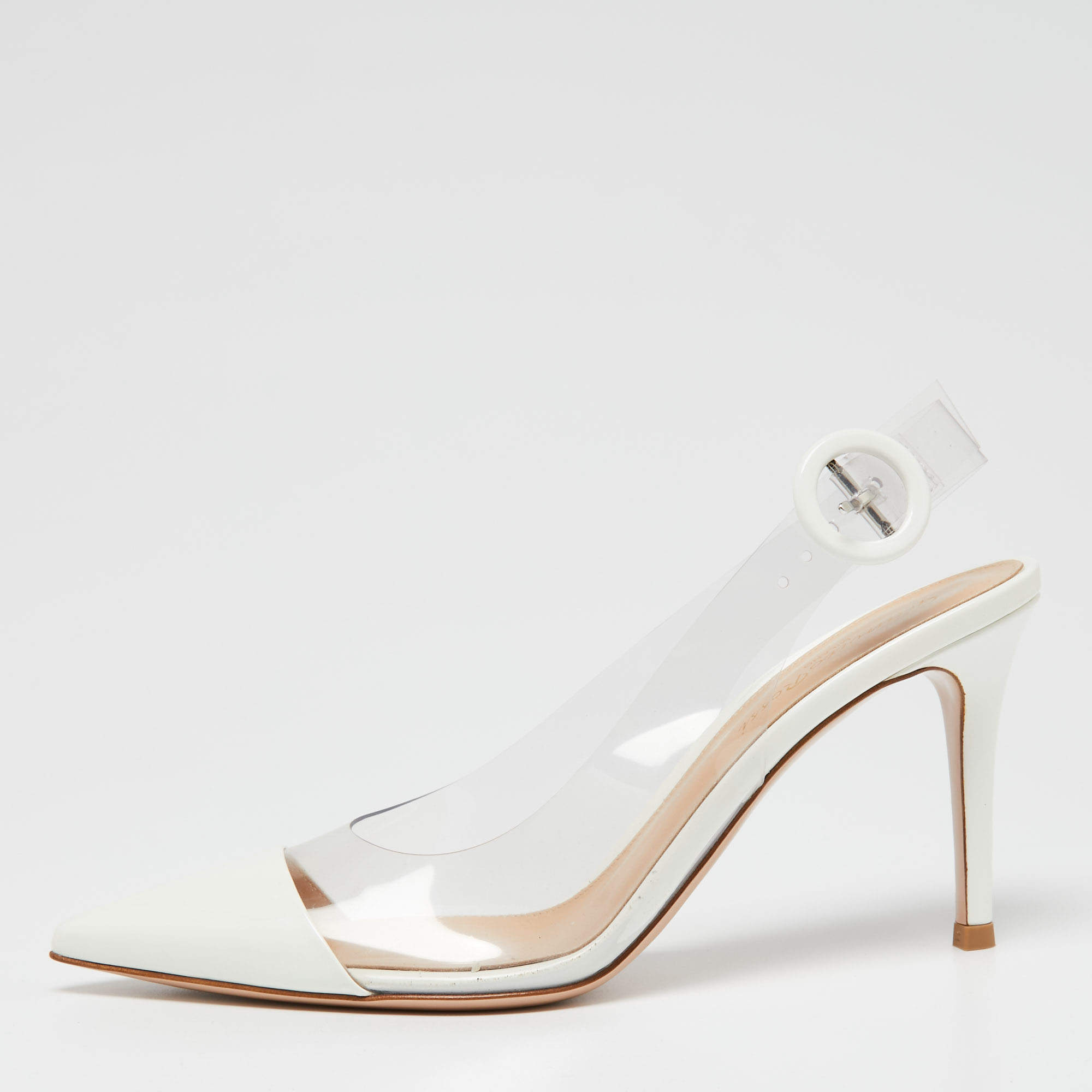 Pre Owned Gianvito Rossi White Patent Leather And PVC Plexi Slingback Sandals Size 36.5