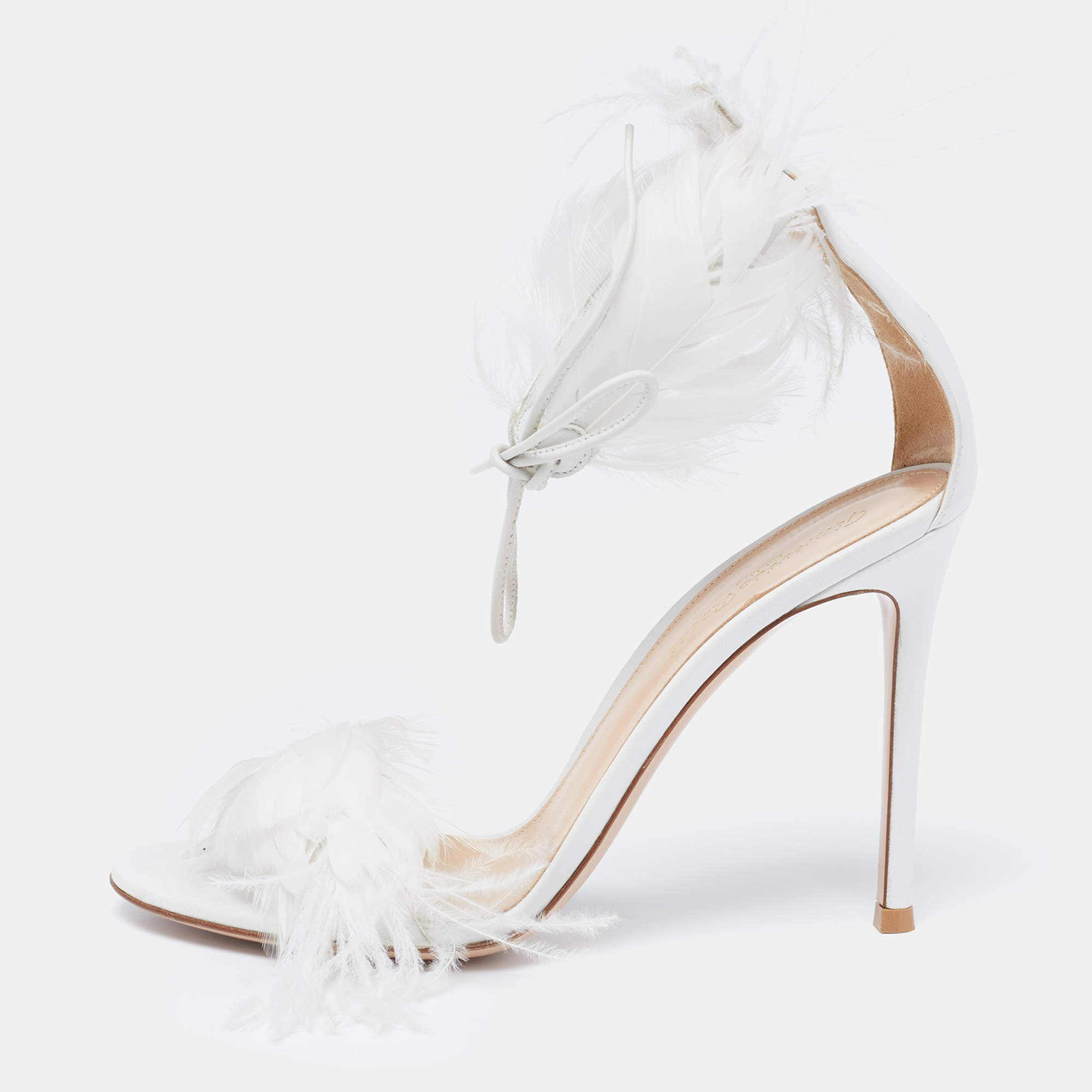 Pre Owned Gianvito Rossi White Leather and Feather Athena Sandals Size 38